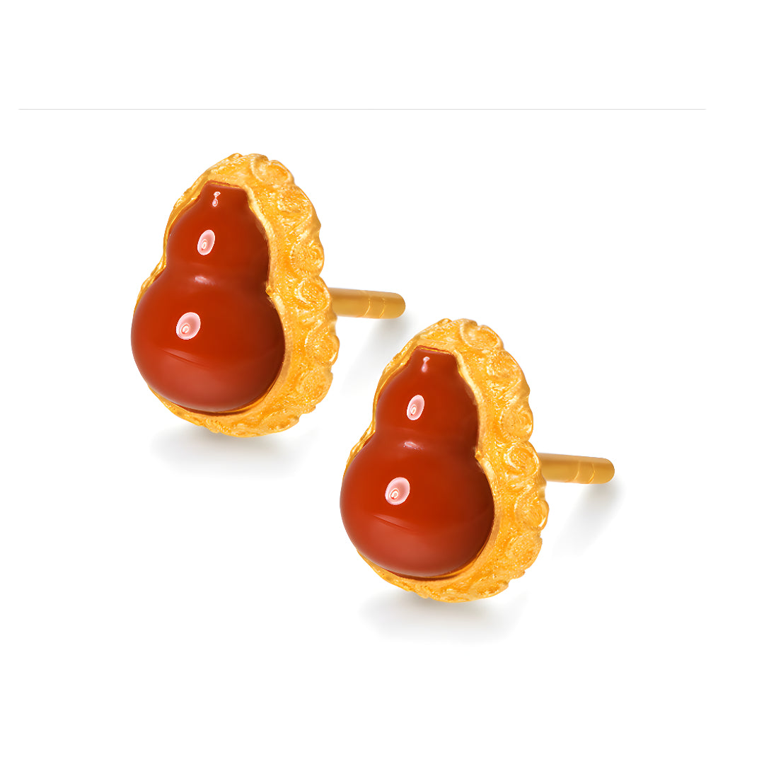 24K Pure Gold Lucky South Red Agate Gourd Stud Earrings - Gypsophila Co.