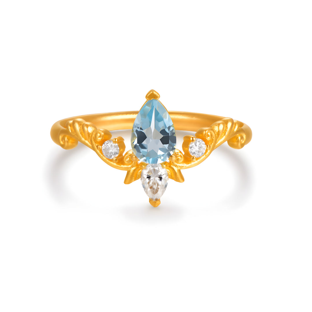 24K Real Gold Blue Water Drop Topaz Moissanite Rococo Style Proposal Ring - Gypsophila Co.