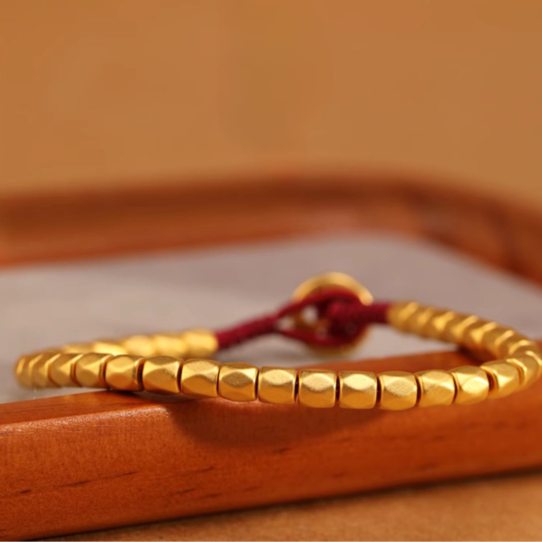 24k Solid 999 Gold Beads Red Braided Rope Bracelet for Men and Women Blessing and Luck