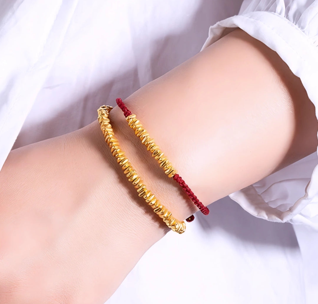 24k Pure 999 Gold Lucky Beads with Red Rope Bracelet