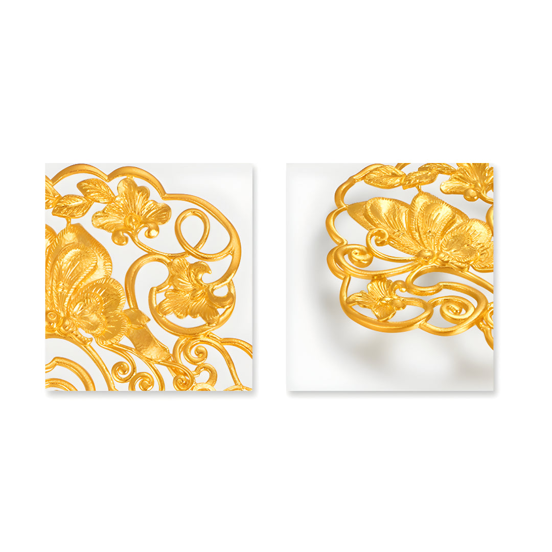 24k Gold Flower Flying Butterfly Hand-Carved Hairpin Hair Bun Stick