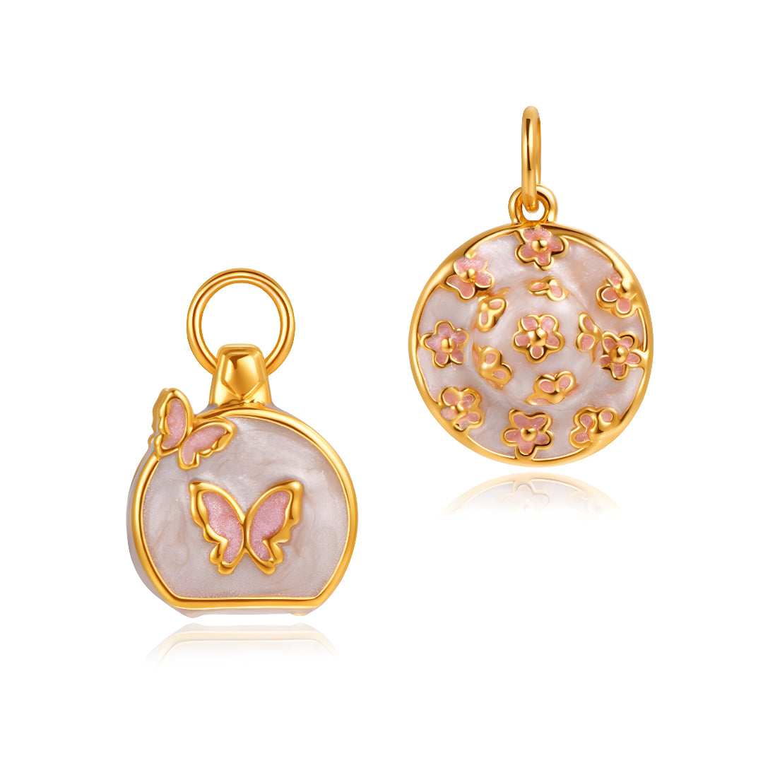 24K Pure Gold Pink Enamel 5D Hard Gold Dog Happy Face Bow and Perfume Bottle Charm D.I.Y Pendant - Gypsophila Co.