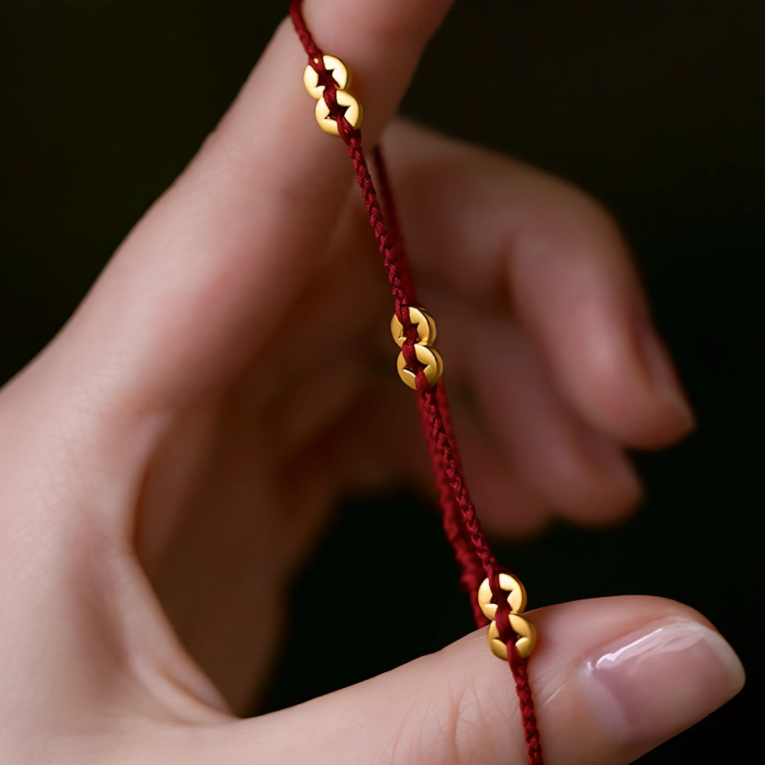 24k Pure 999 Gold Lucky Chinese Coin Red Rope Bracelet