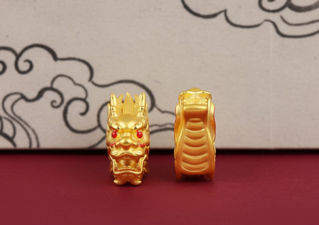 24K 999 Pure Gold 3D Hard Gold Zodiac Dragon Head Good Luck Charm D.I.Y Pendant