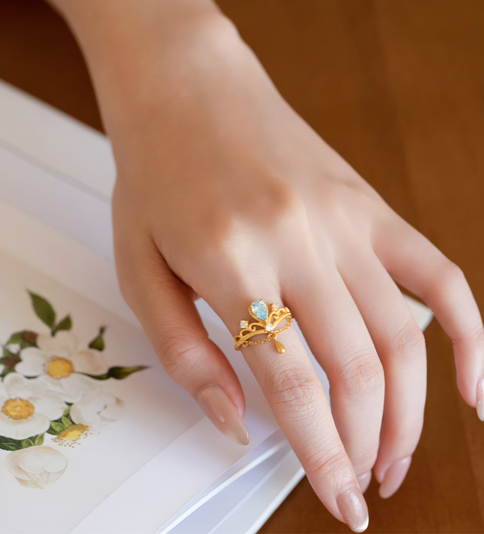 24K Blue Tears Pure Gold Ring Crown Water Drop Statement Ring - Gypsophila Co.