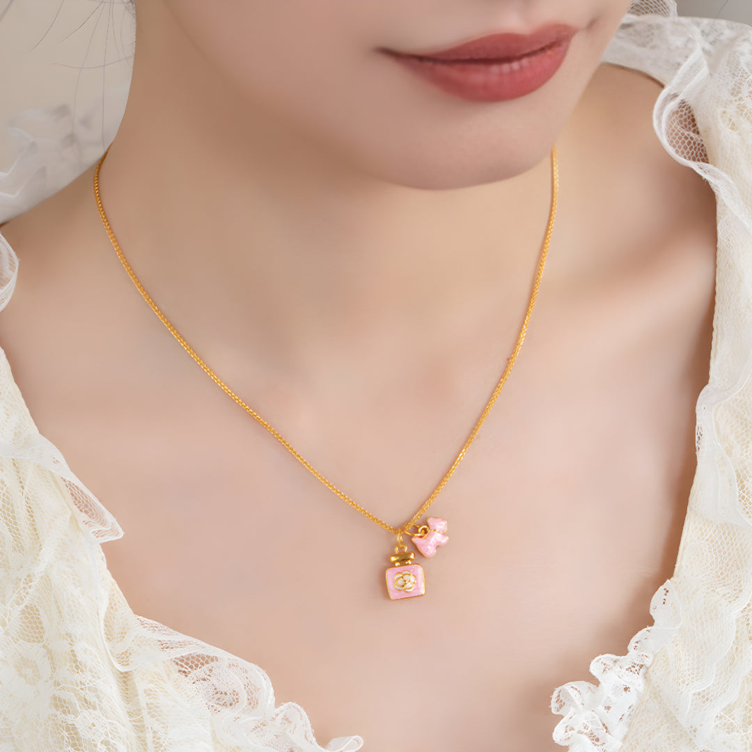 24K Pure Gold Pink Enamel 5D Hard Gold Dog Happy Face Bow and Perfume Bottle Charm D.I.Y Pendant - Gypsophila Co.