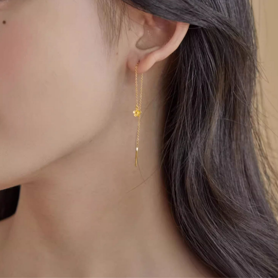 24k Real 999 Gold Flower Cherry Blossom Charm Threader Earrings