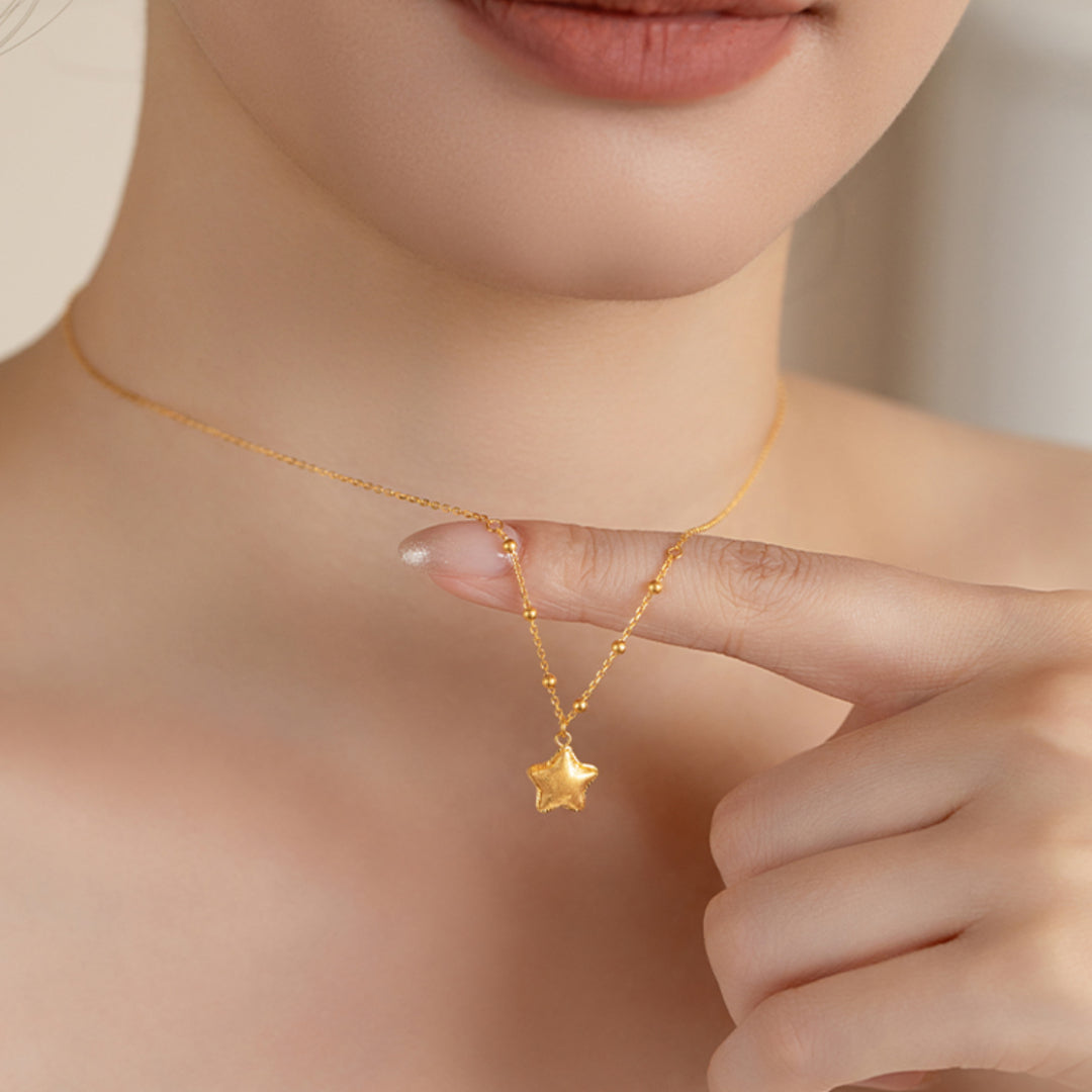 24K Pure Gold Star Pendant 5G Gold with Beads Necklace - Gypsophila Co.