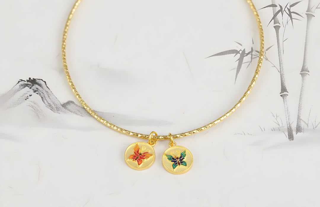 24k Pure Gold 999 Ancient Enamel Hand-engraved Double side Butterfly Charm Pendant