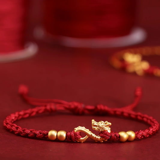24k Solid 999 Gold Infinity Loop Dragon Pendant with Red String Braided Rope Bracelet and Anklet for Good Luck