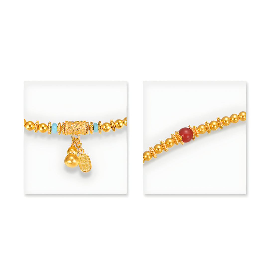 24K Real Gold Beads Bracelet Necklace multi-use Gourd Charm Bring Wealth Bracelet