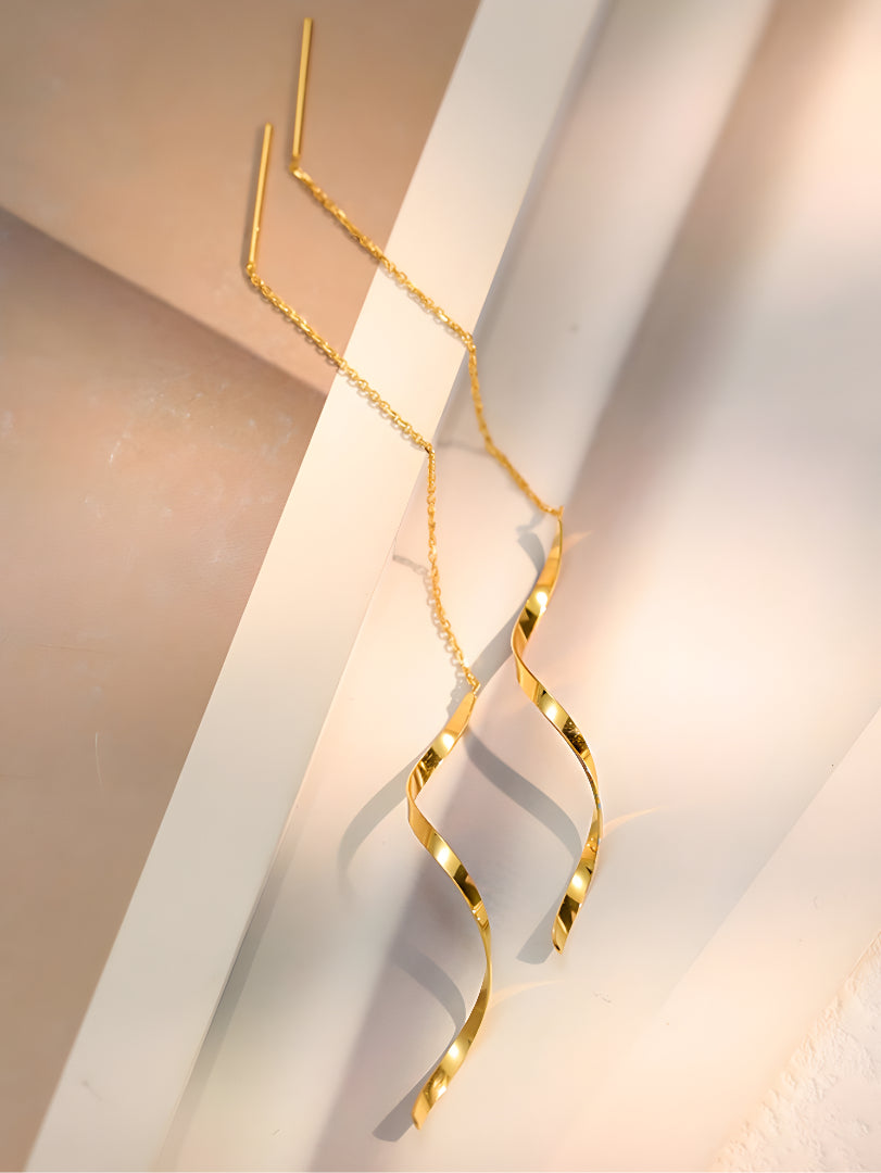 18K Real Gold Wave charm Dangle Threader Earrings