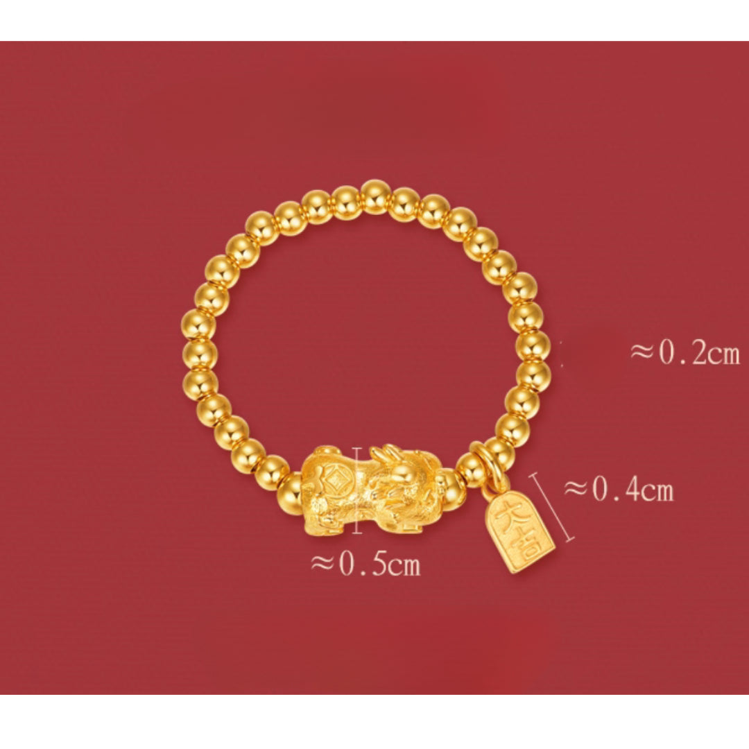 24K Real Gold Pixiu Creature Bring Wealth and Luck Beads Ring with Charms