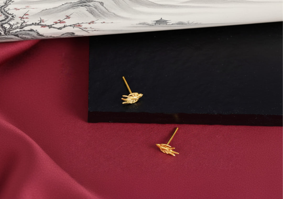24K Solid Gold Hand-Carved Craft Swallow Women's Stud Earrings