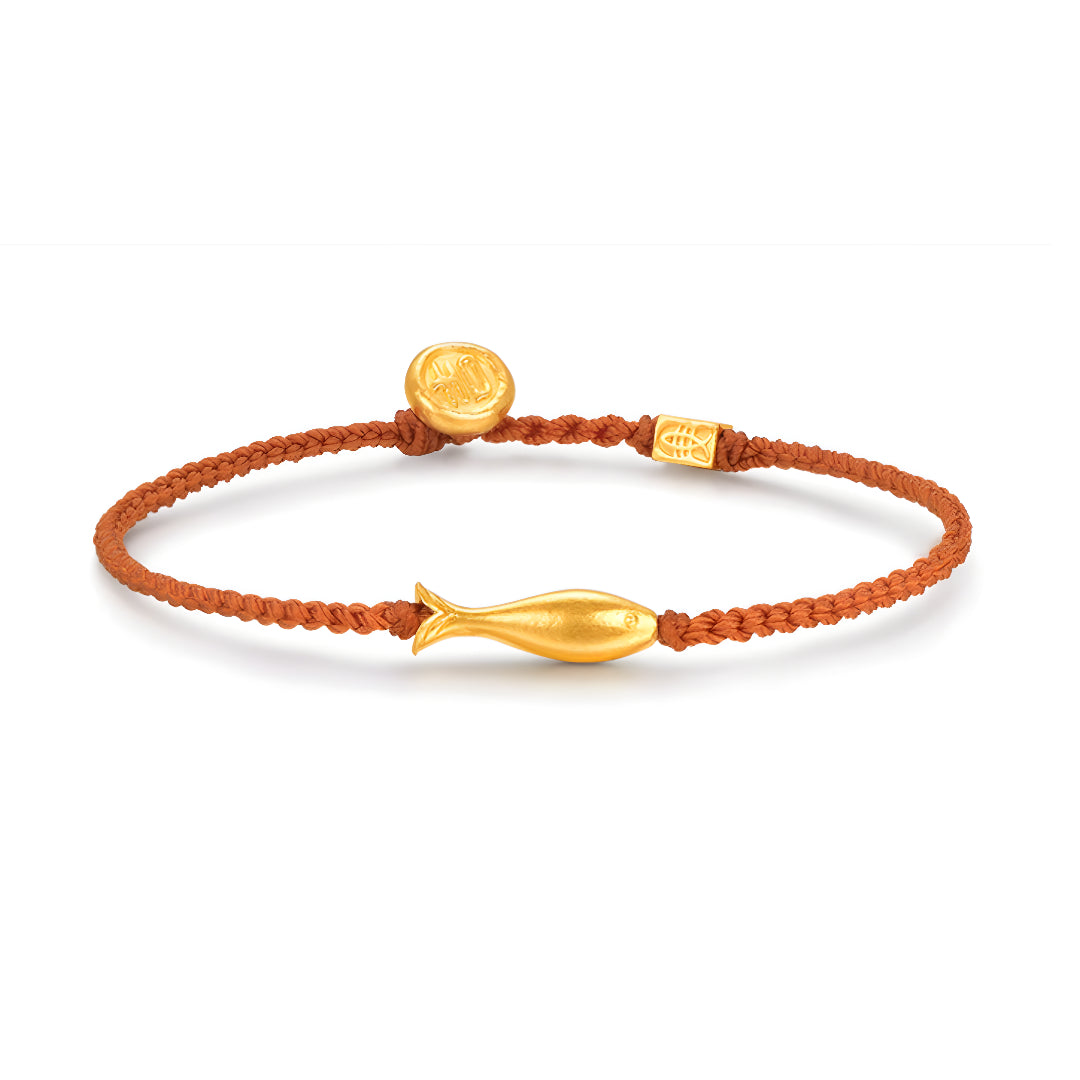 24K Real Good Lucky Fish Charm Rope Braided Bracelet