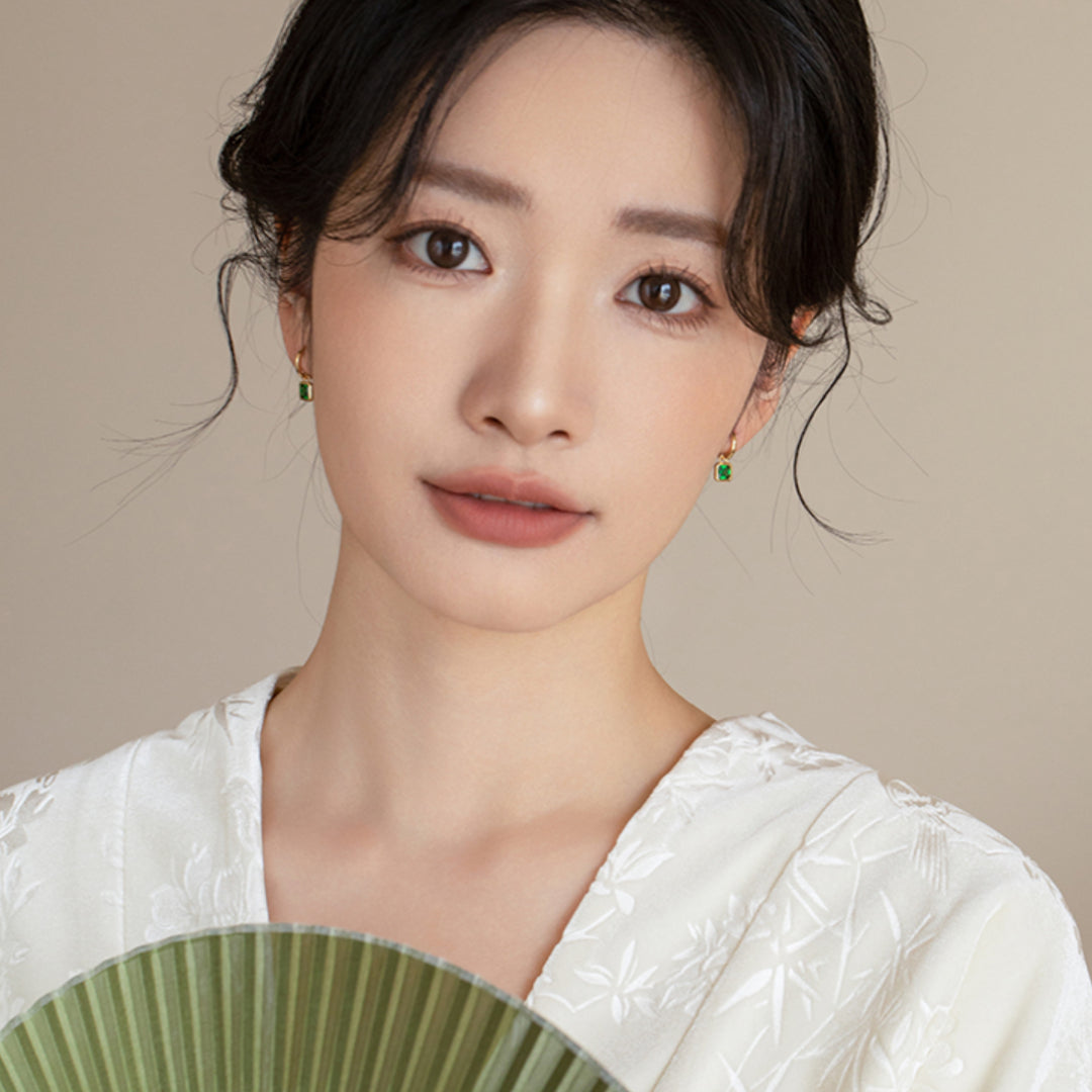 18k Green Square Zircon Dangle with Hoop Earrings