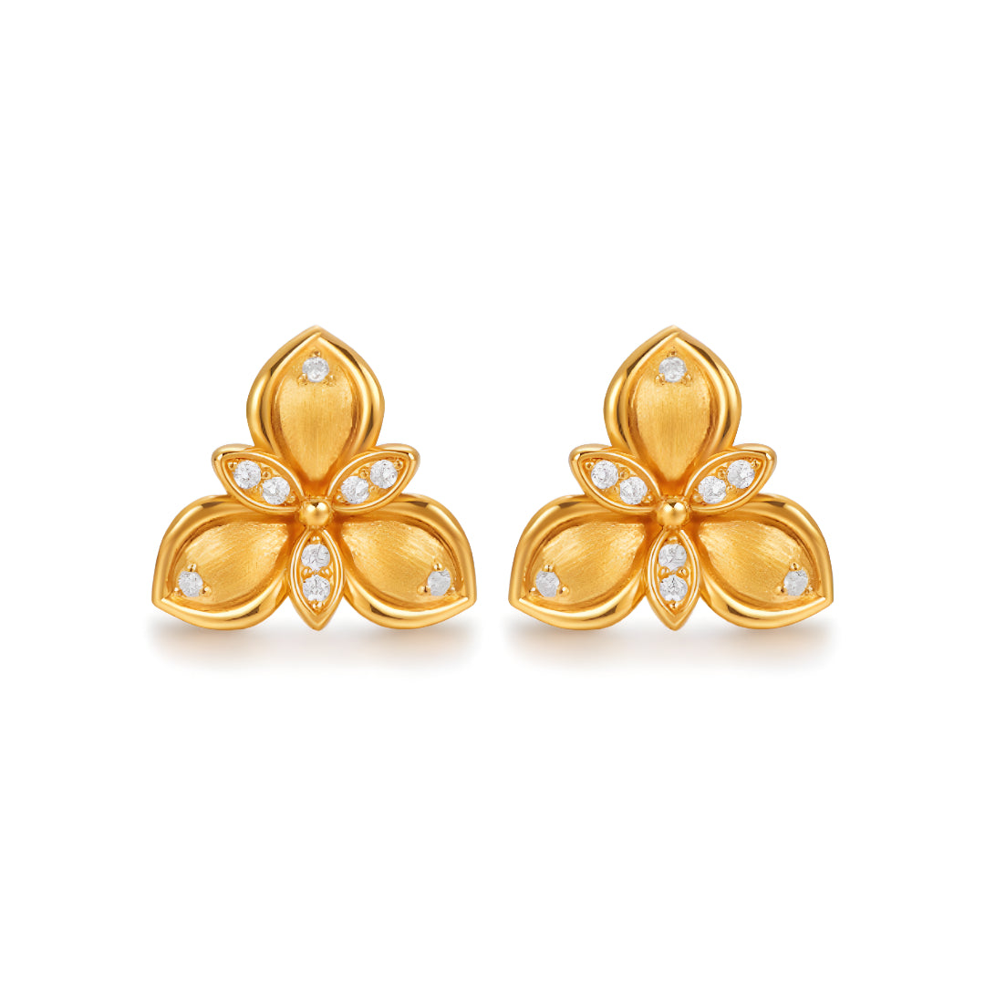 24K Real Gold Clover Flower 5D Hard Gold Brushed Surface Stud Earrings - Gypsophila Co.