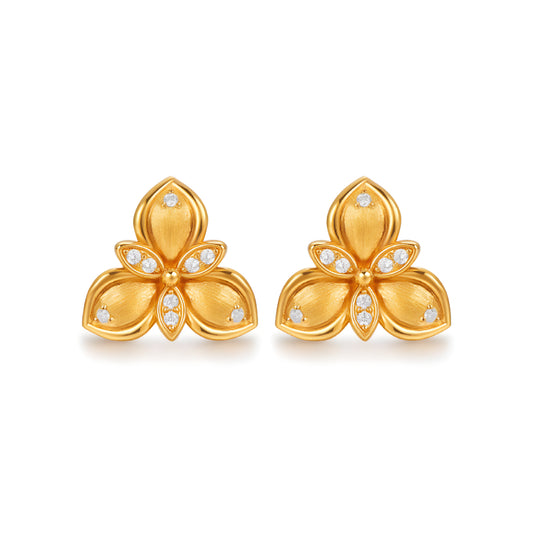 24K Real Gold Clover Flower 5D Hard Gold Brushed Surface Stud Earrings - Gypsophila Co.