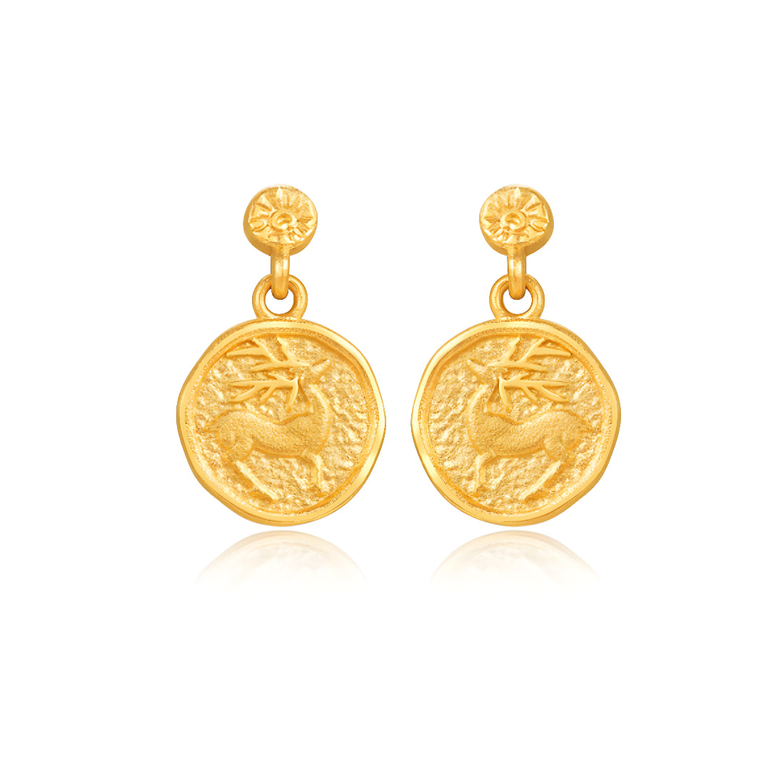 24K Pure Gold Earrings with Deer Chasing the Sun Stud Earrings