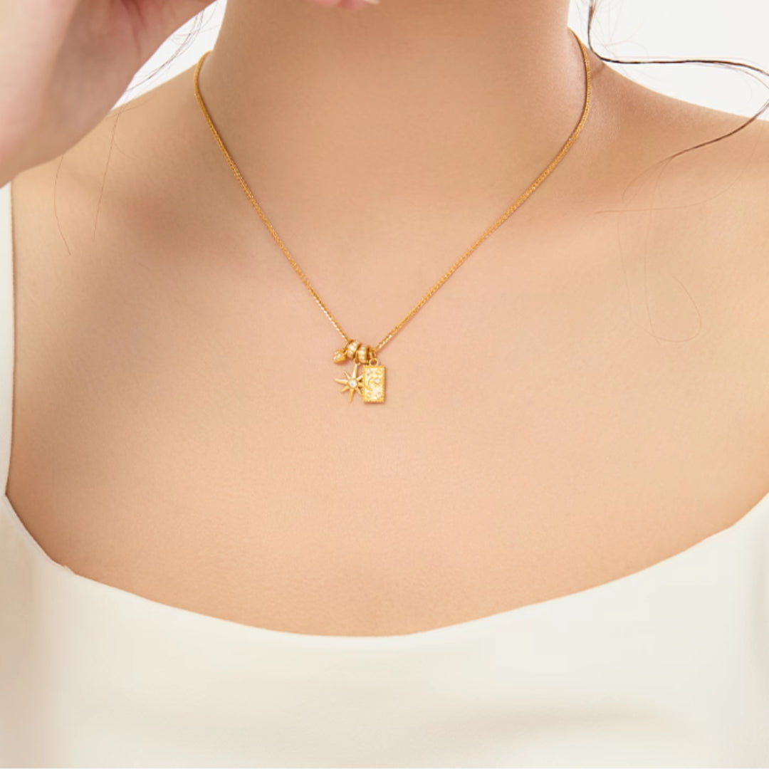 24K Real Gold Star and Moon Myth Moissanite Gold Necklace