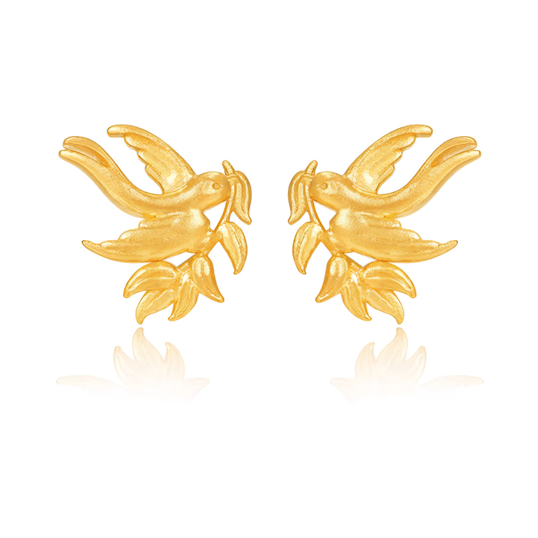 24K Real Gold Bird Swallow Peace Leaf Stud Earrings