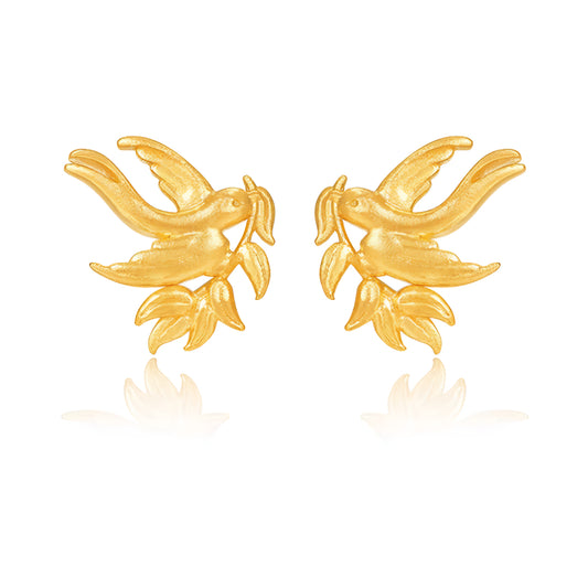 24K Real Gold Bird Swallow Peace Leaf Stud Earrings