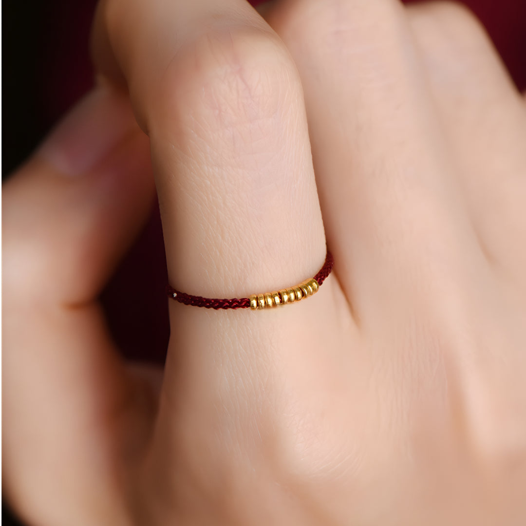 24k Solid 999 Gold Lucky Beads Red Rope Braided Adjustable Stacking Ring Minimal Style