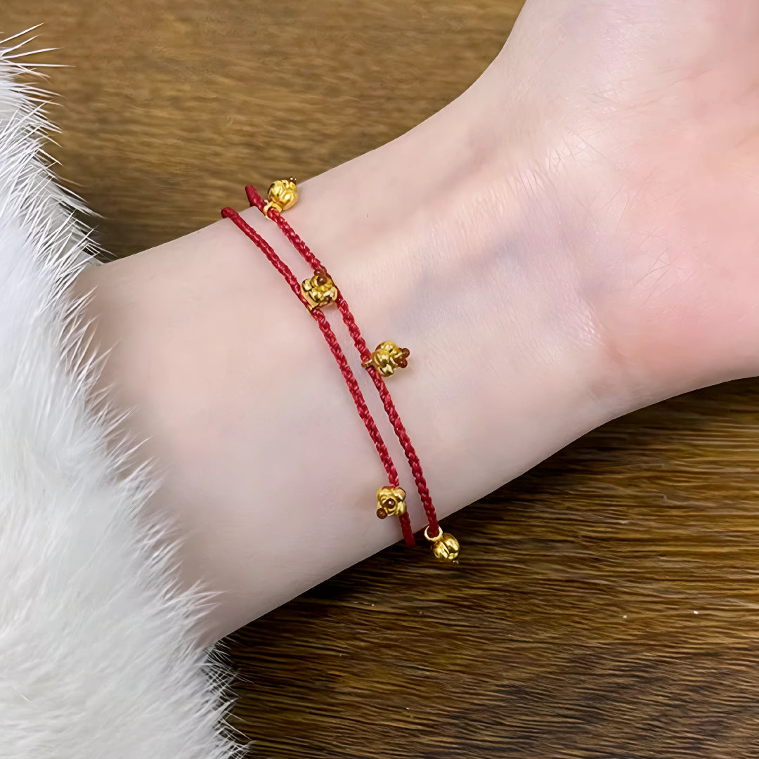 24k Pure 999 Gold Osmanthus fragrans Small Flower Charm with Red Rope Bracelet