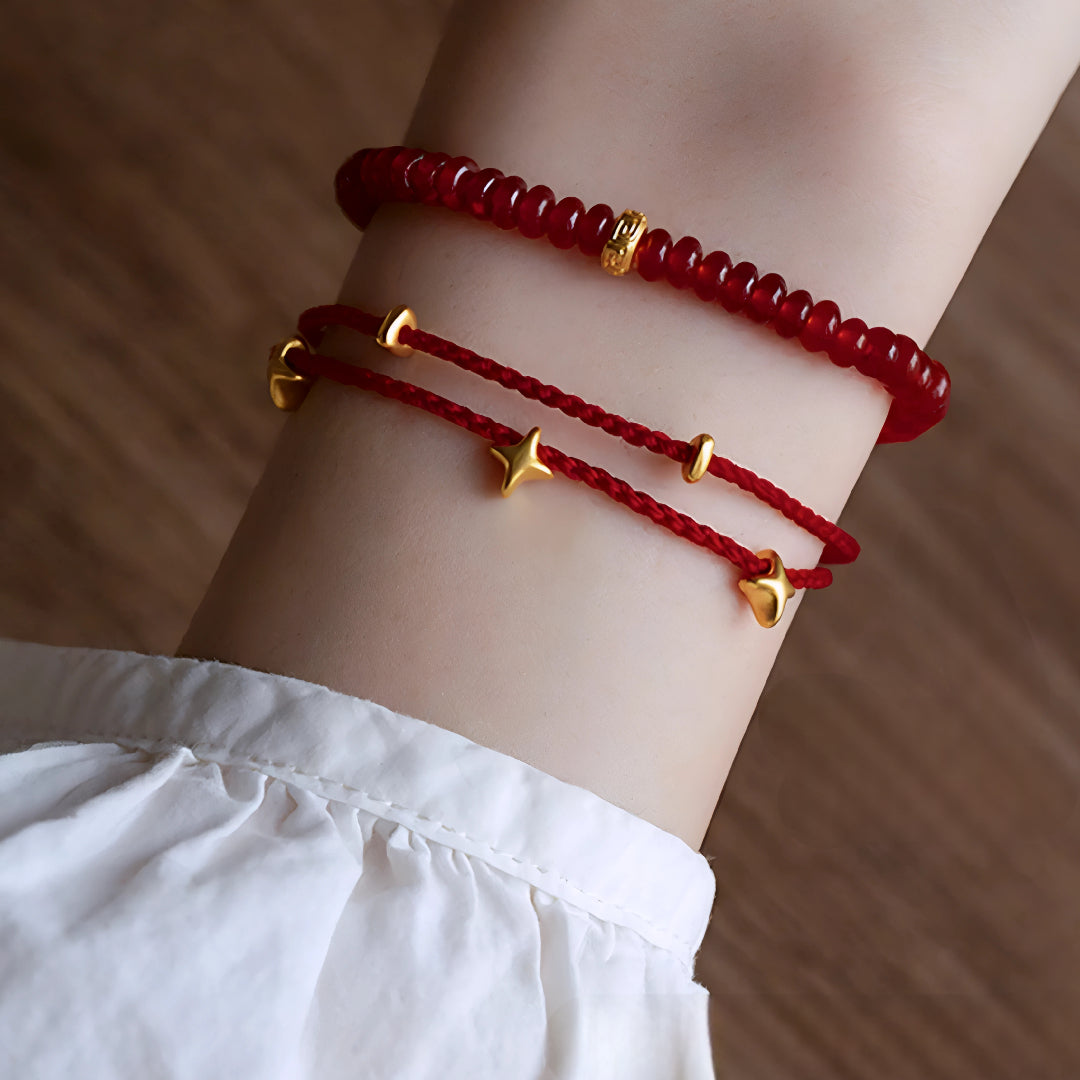 24k Pure 999 Gold Sea of Star Charm with Red or Blue Braided Rope Bracelet