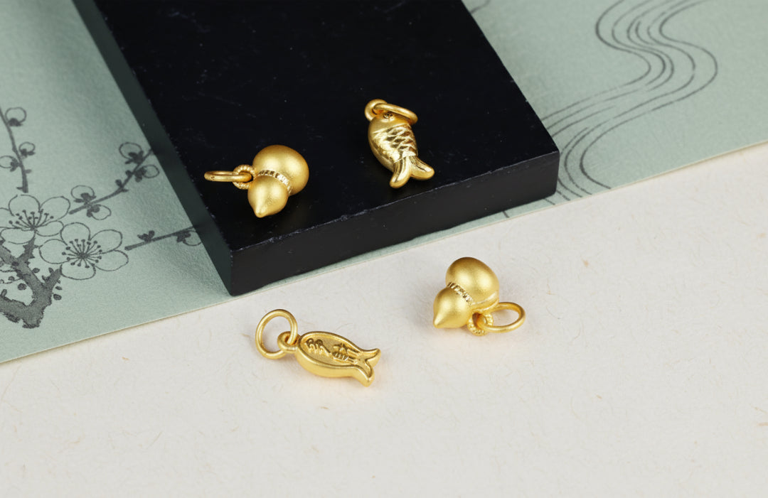 24k Solid Gold 999 Gold Gourd or Small Fish Pendant for Wealth and Fortune D.I.Y Charm