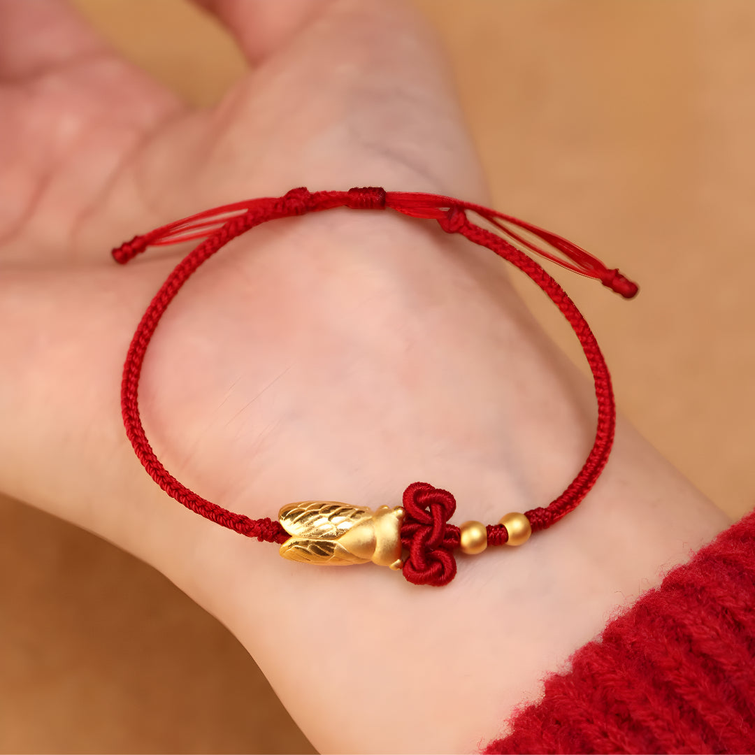 24k Solid 999 Gold Cicada Pendant with Red String Braided Rope Bracelet for Good Luck