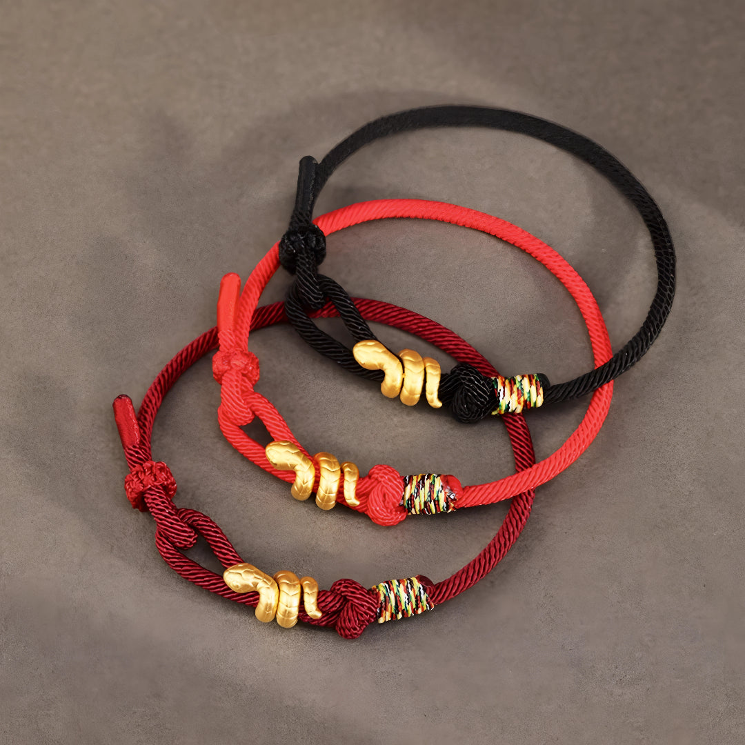 24k 999 Pure Gold Snake Pendant Chinese Zodiac with Red String Braided Rope Bracelet for Men and Women