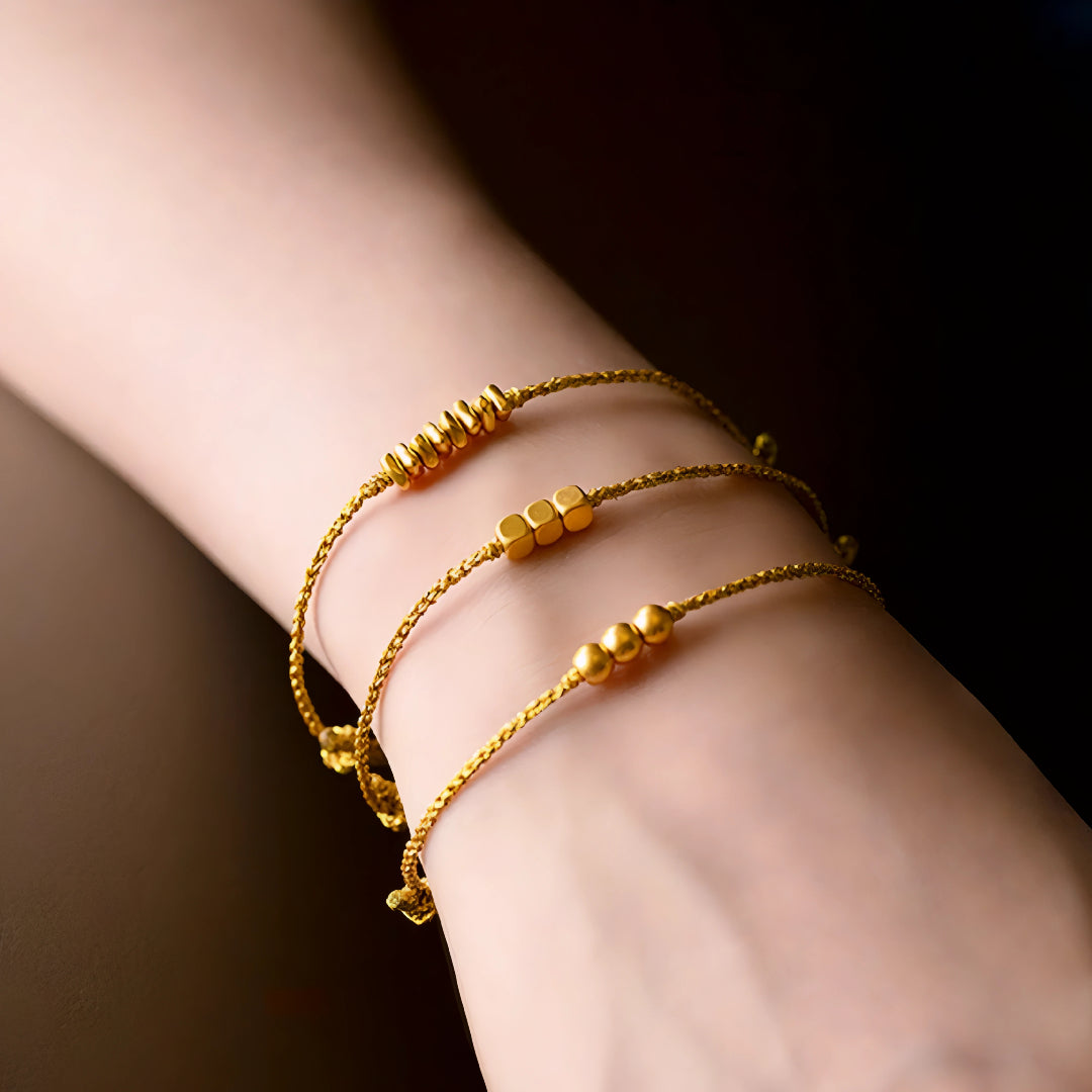 24k Pure 999 Gold Lucky Beads Cube with Golden Rope Bracelet
