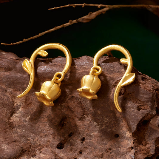 24K 999 Pure Gold Lily Flower Stud Earrings