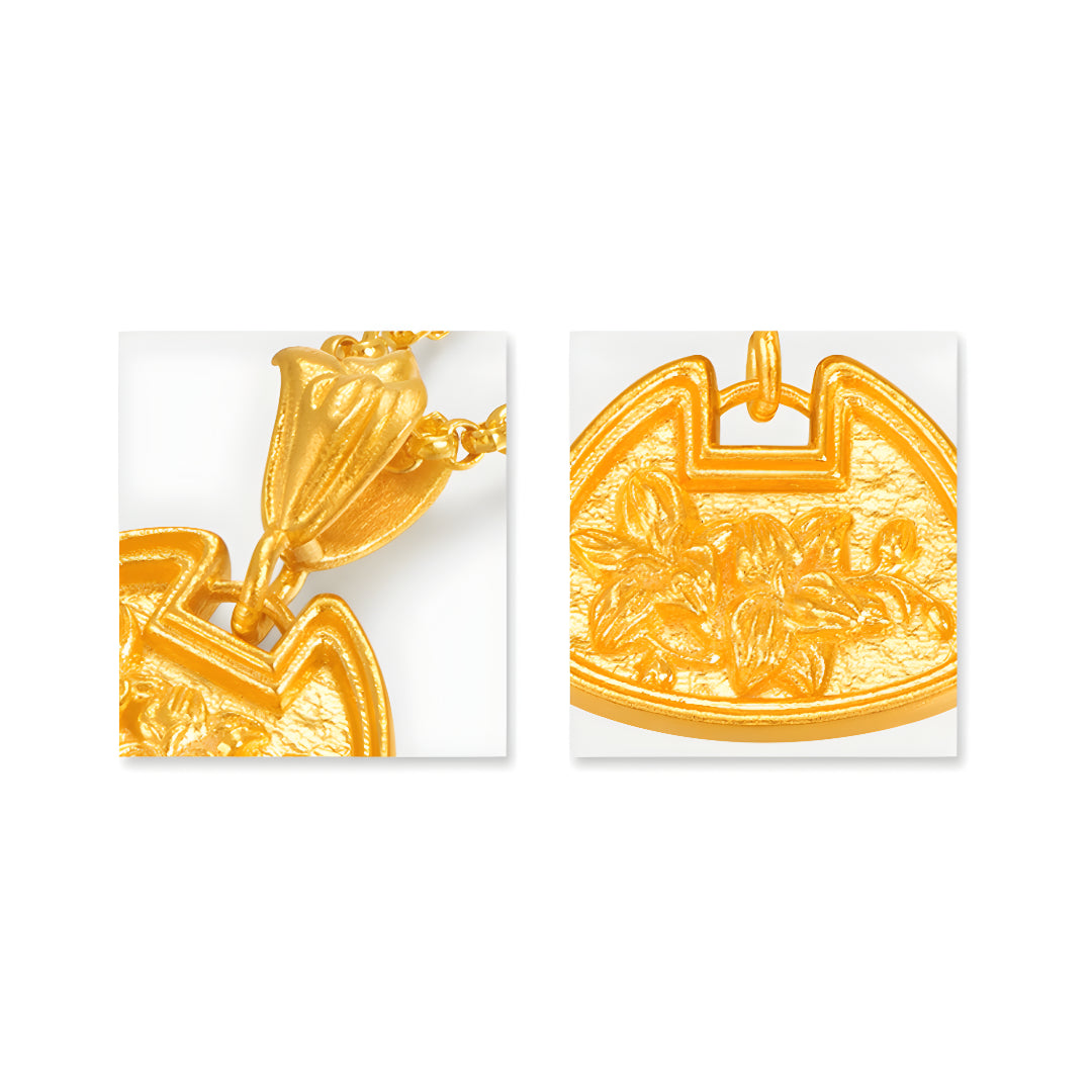 24k Real Gold Ancient Triditional Style Solid Snow Orchid Flower Pendant