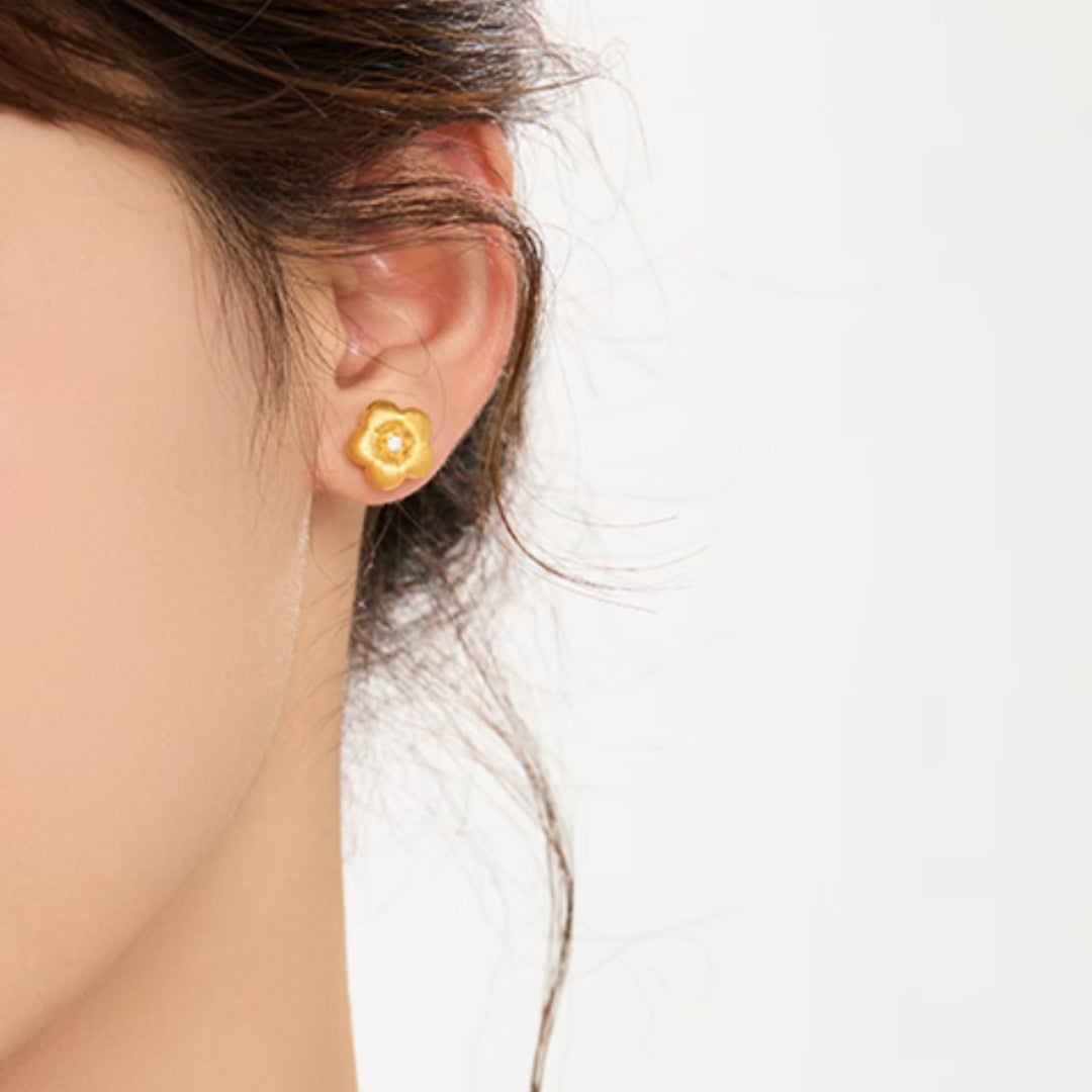 24K Golden Moissanite Flower Gold Stud Earrings And Flower Pendant 5D Retro Brushed Pattern