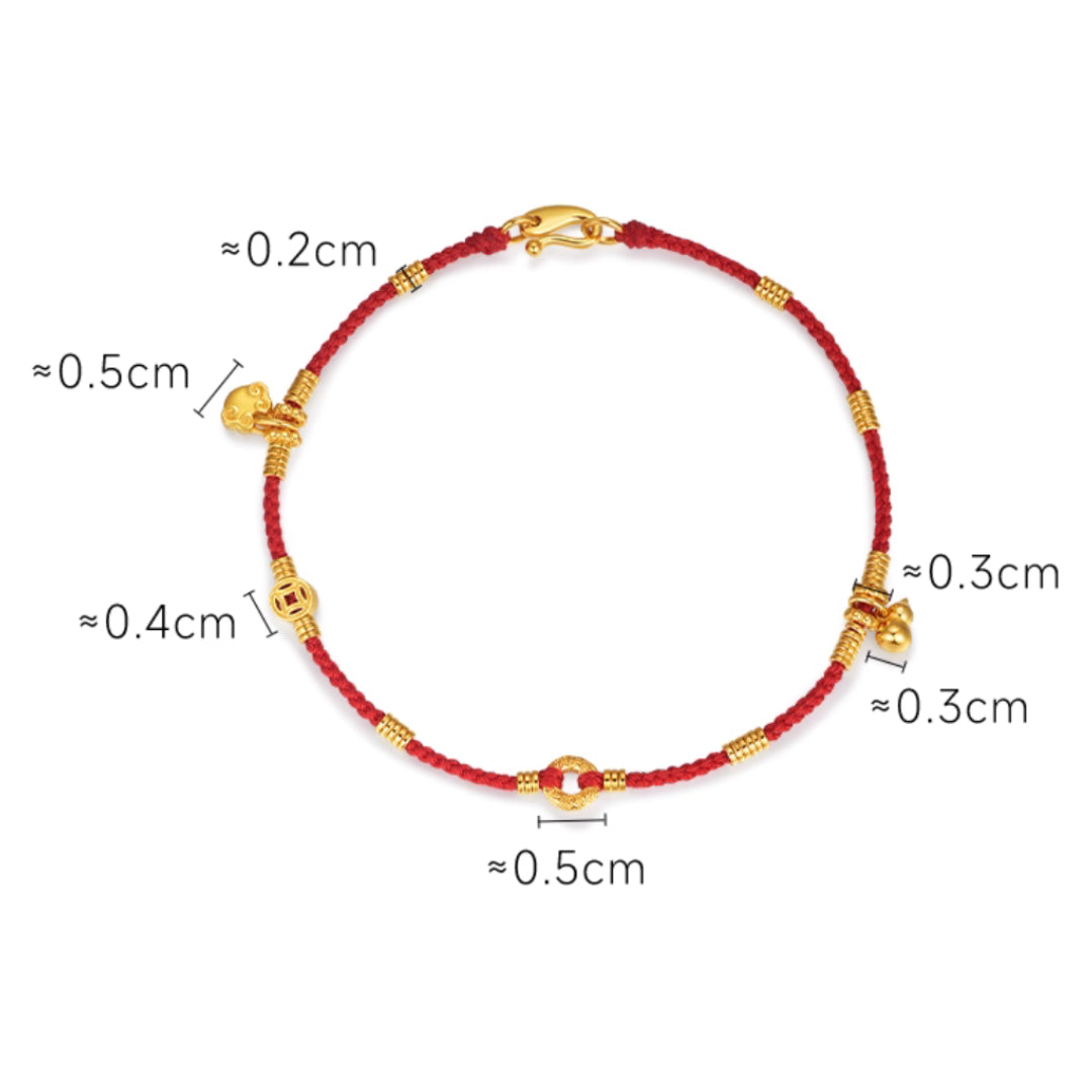24K Real Gold beads Charms Gourd Bell Lucky Red Rope string Braided bracelet