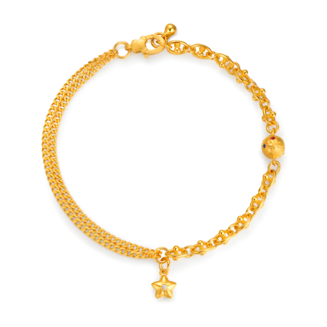 24K Pure Gold Moissanite Star and Planet Charm Fairy Tale Double Chain Bracelet - Gypsophila Co.