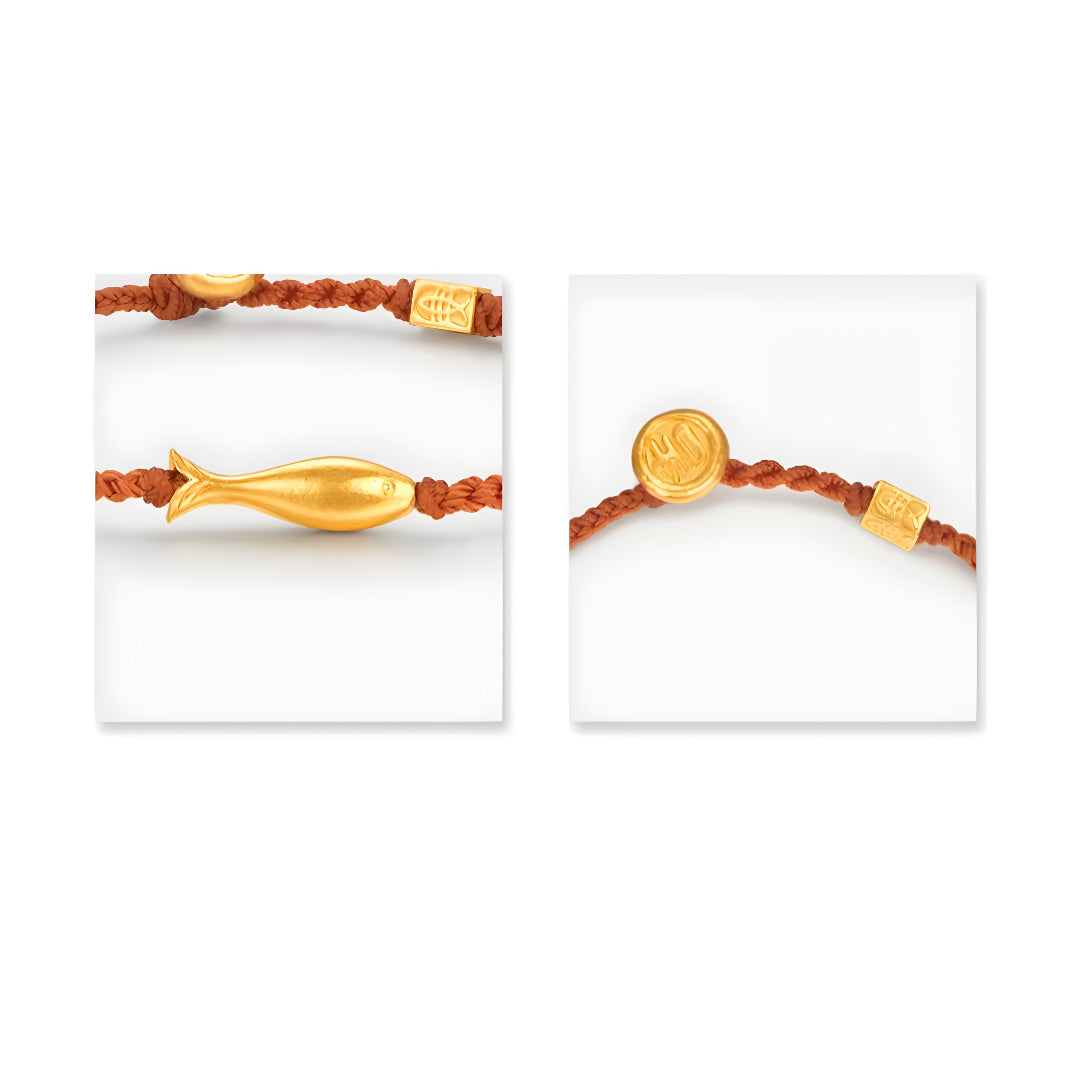 24K Real Good Lucky Fish Charm Rope Braided Bracelet