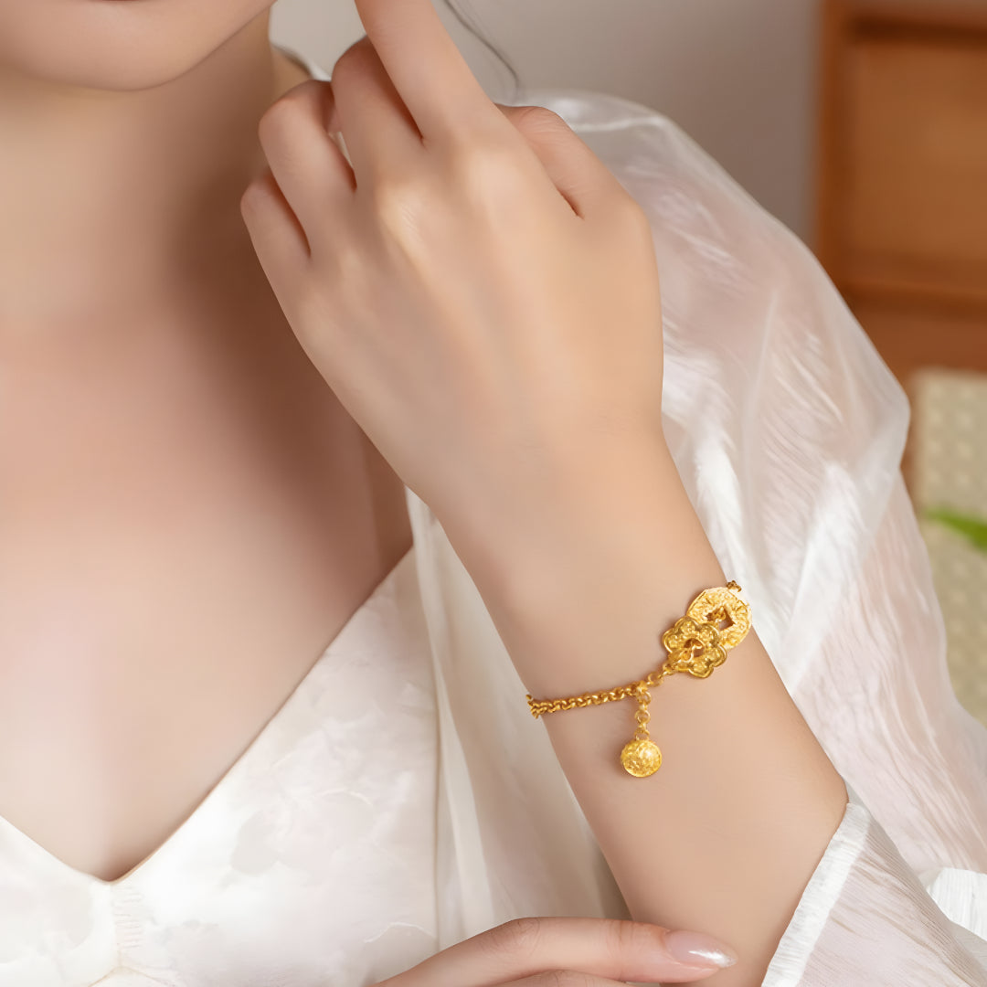 24K Pure Gold Handmade Chain and Link Bracelet with Peony Flower Charm - Gypsophila Co.
