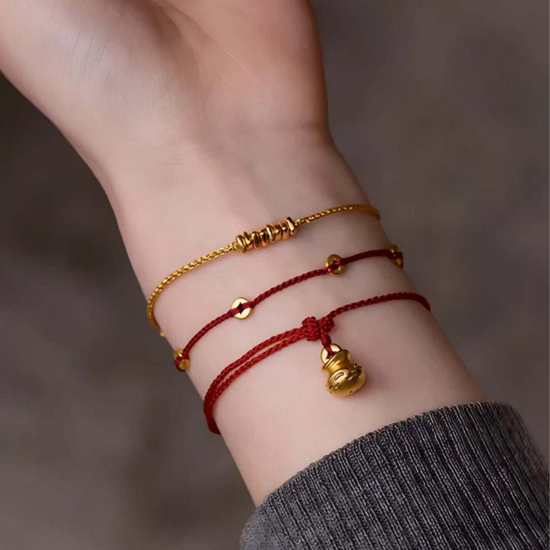 24k Pure 999 Gold Lucky Chinese Coin Red Rope Bracelet