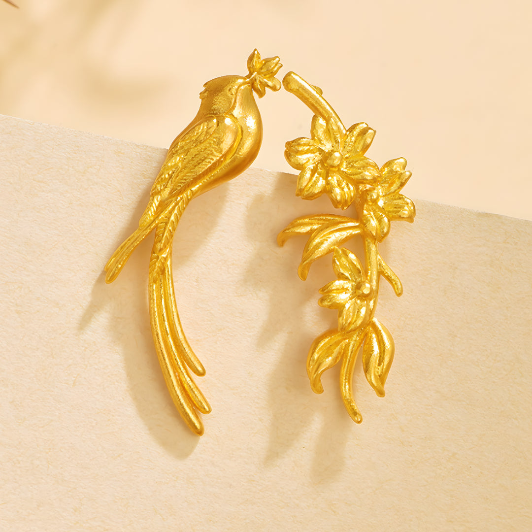24K Real Gold Bird and Flower Unique Stud Earrings