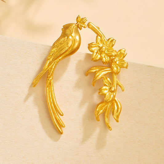 24K Real Gold Bird and Flower Unique Stud Earrings