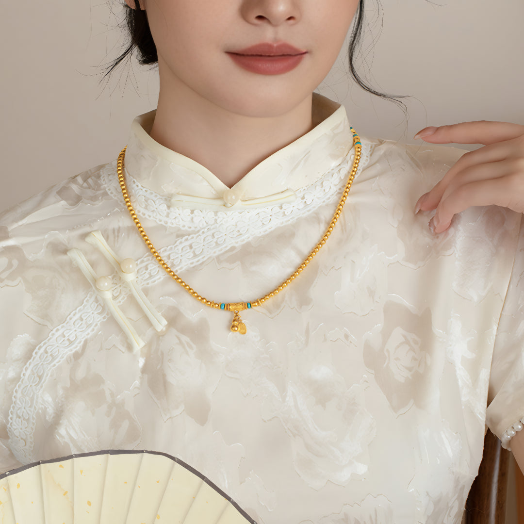 24K Real Gold Beads Bracelet Necklace multi-use Gourd Charm Bring Wealth Bracelet