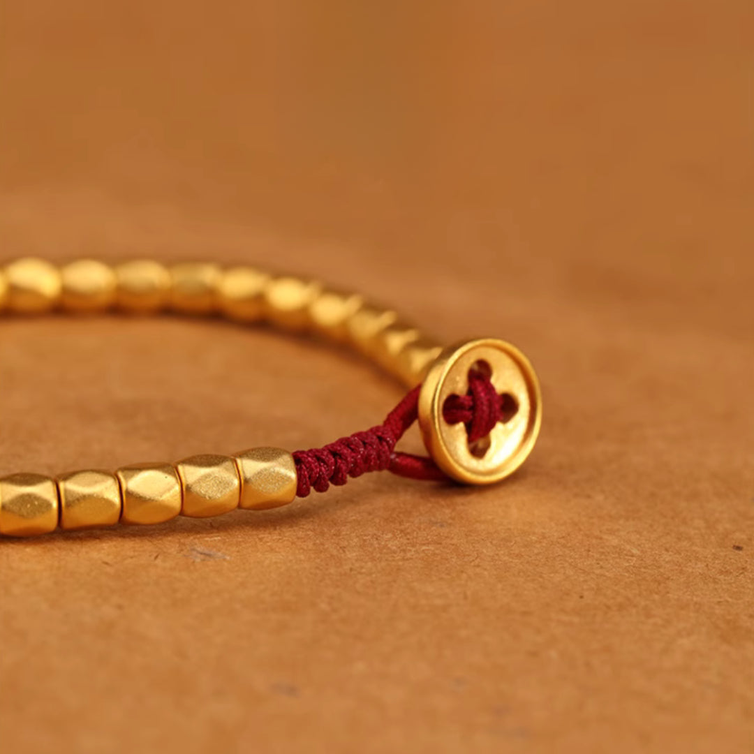 24k Solid 999 Gold Beads Red Braided Rope Bracelet for Men and Women Blessing and Luck