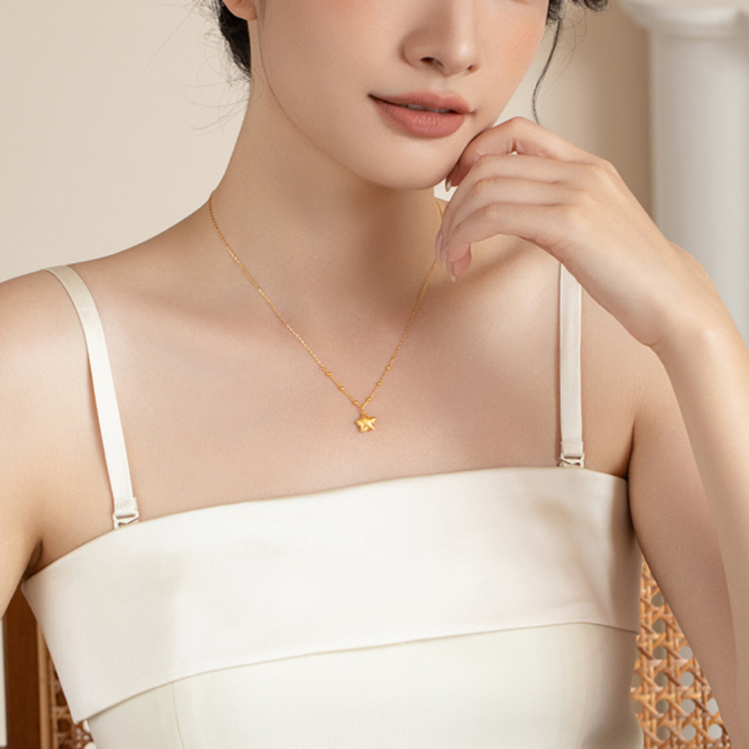 24K Pure Gold Star Pendant 5G Gold with Beads Necklace - Gypsophila Co.