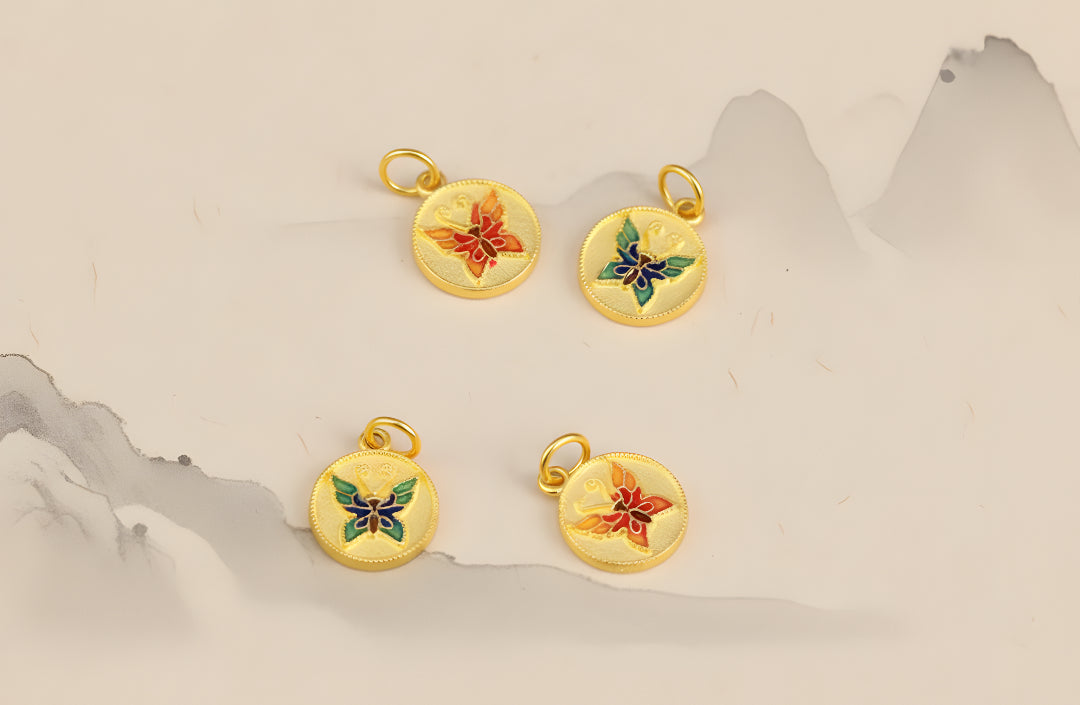 24k Pure Gold 999 Ancient Enamel Hand-engraved Double side Butterfly Charm Pendant