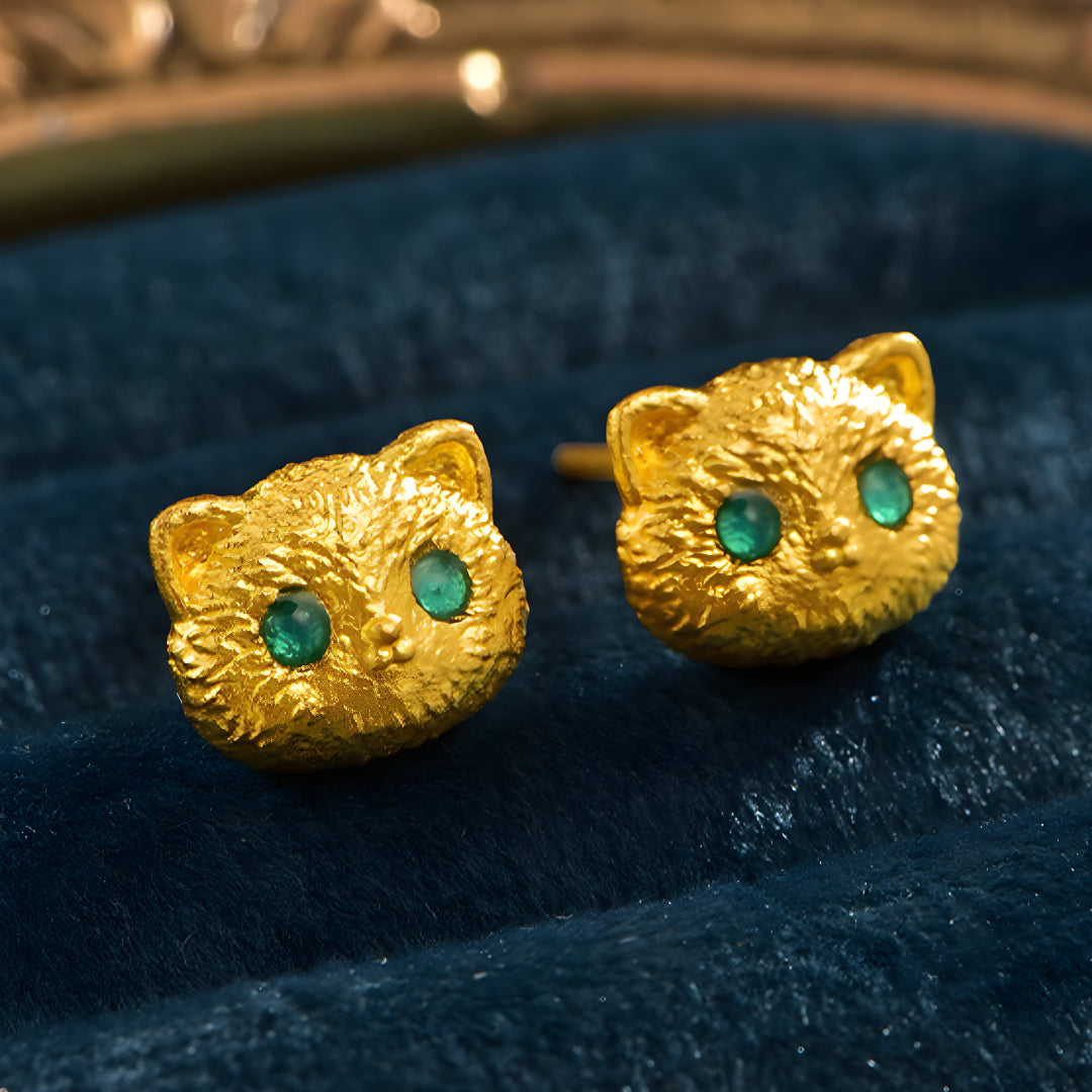 24K Real Gold Kitty Cat Stud Earrings with Green eyes Enamel