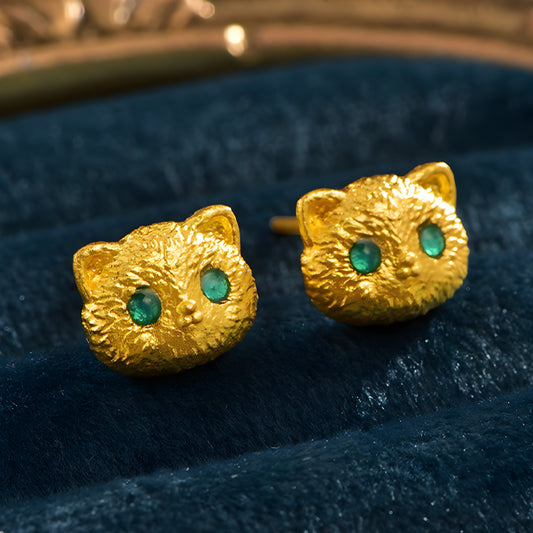 24K Real Gold Kitty Cat Stud Earrings with Green eyes Enamel