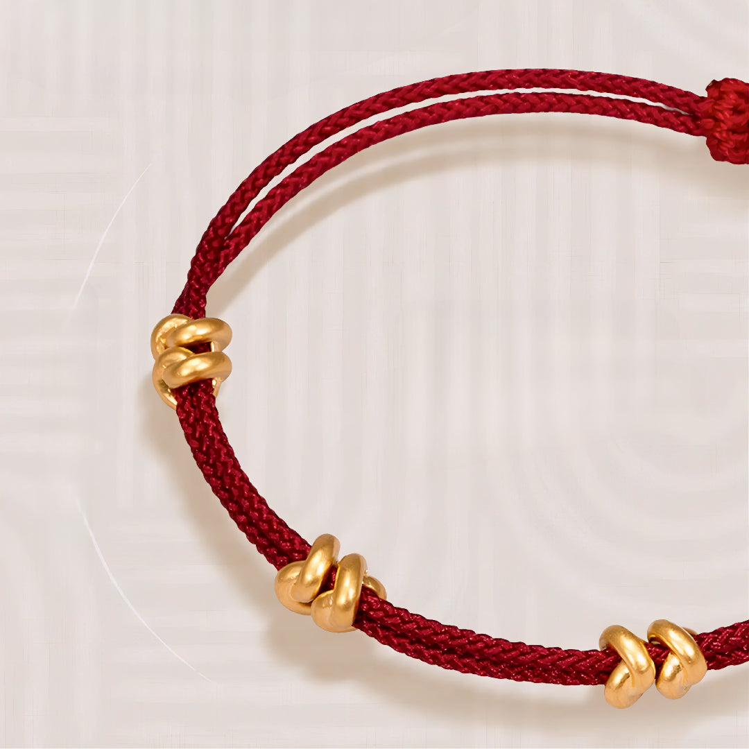 24k Pure 999 Gold Lucky Beads Tie the Knot with Red Rope Bracelet